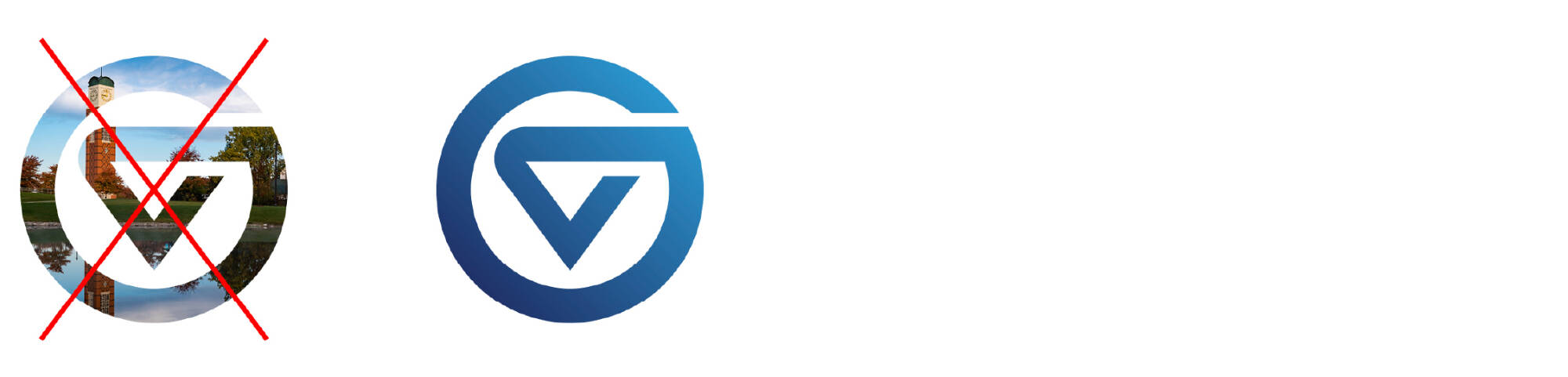 A logomark with a photo inside it and a logomark with a gradient inside it. The logomark with a photo has a red x through it.